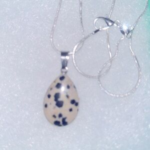 Boho hippie Dalmatian Jasper Tear Drop Leopard 🐆 Print Silver 24” Neckla…